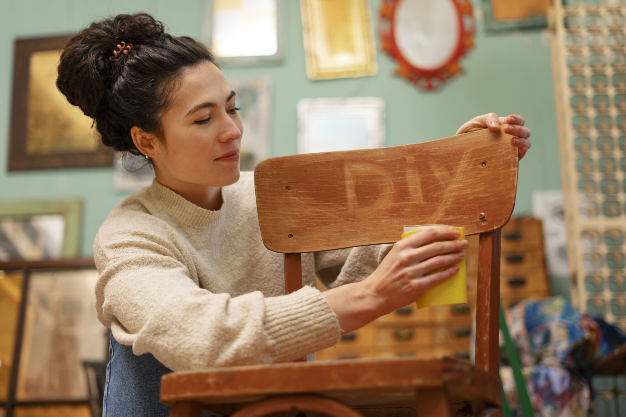 mulher praticando renovar moveis antigo, lixando uma cadeira de madeira