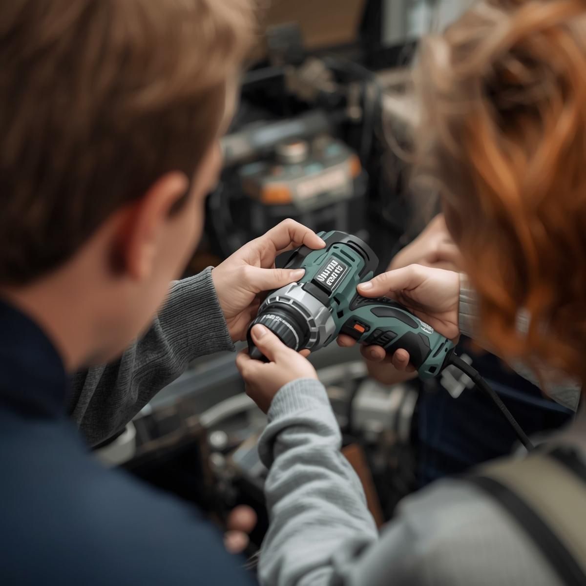 duas pessoas a consertar ferramenta elétrica